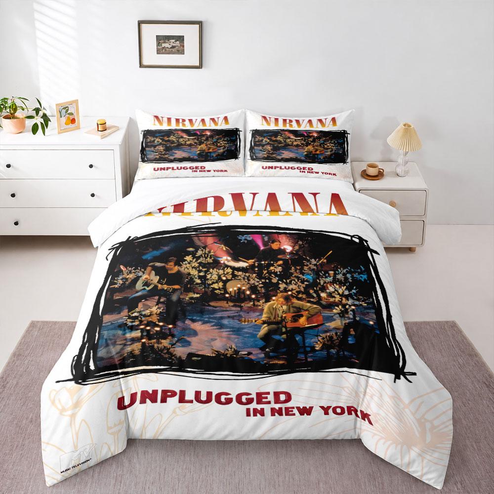 Nirvana MTV Unplugged in New York Bedding Set, Warm Orange Yellow Gradient with Kurt Cobain Acoustic on Stage, Grunge Duvet Cover Set