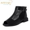 Fashion AIYUQI Sandals Women Hollow Summer Genuine Leather Mesh Women Sandals Open Toe Large Size 35-43 Low-heel Sandals Ladies Black