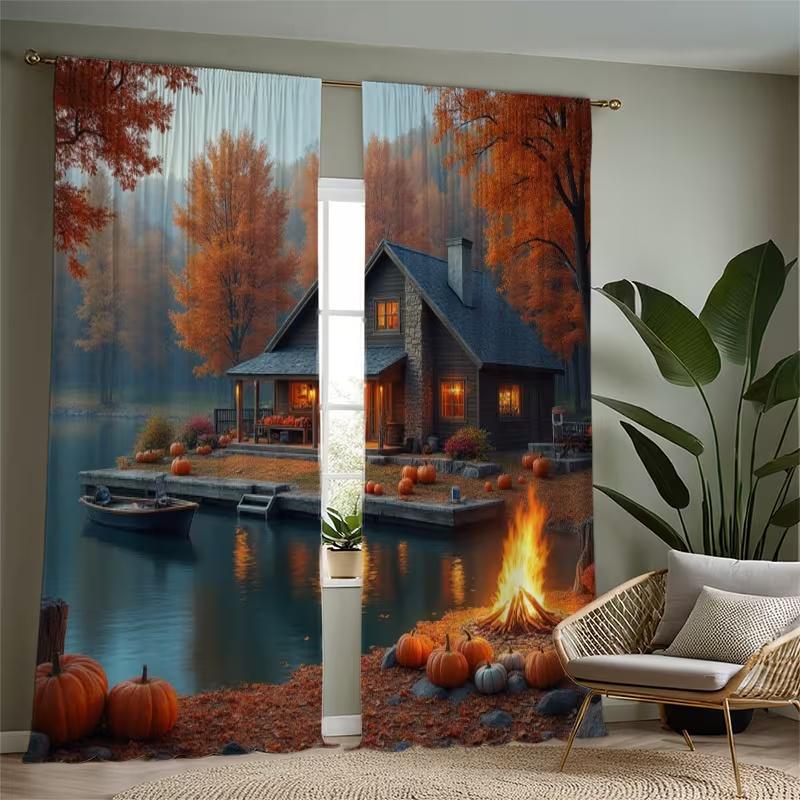 2 шт. Шторы с принтом озерного пейзажа, подходят для декора спальни, гостиной, кухни, декора дома, декора окна