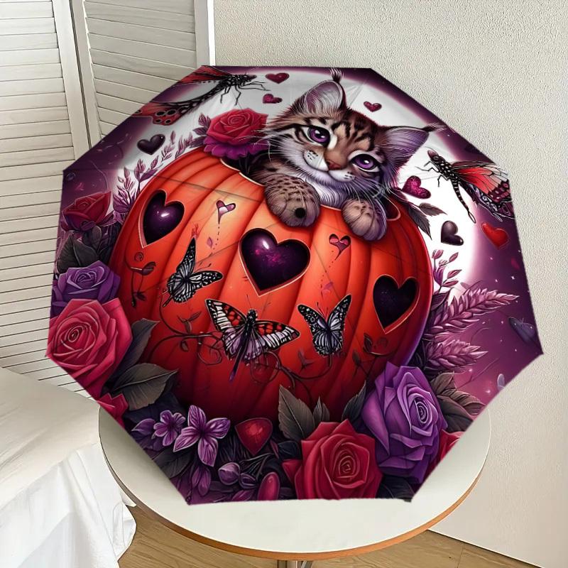 1pc Halloween Pumpkin Cat Automatic Open/Close Umbrella, Folding Compact Umbrella with Lightweight Design for Women/Men yy251011087