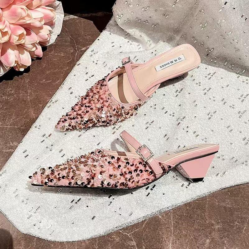 Sequins Black Slides with Heel Shoes Pointed Toe Women's Mules Slippers and Ladies Sandals Unique Korea Style Easy Wears Shoe 39