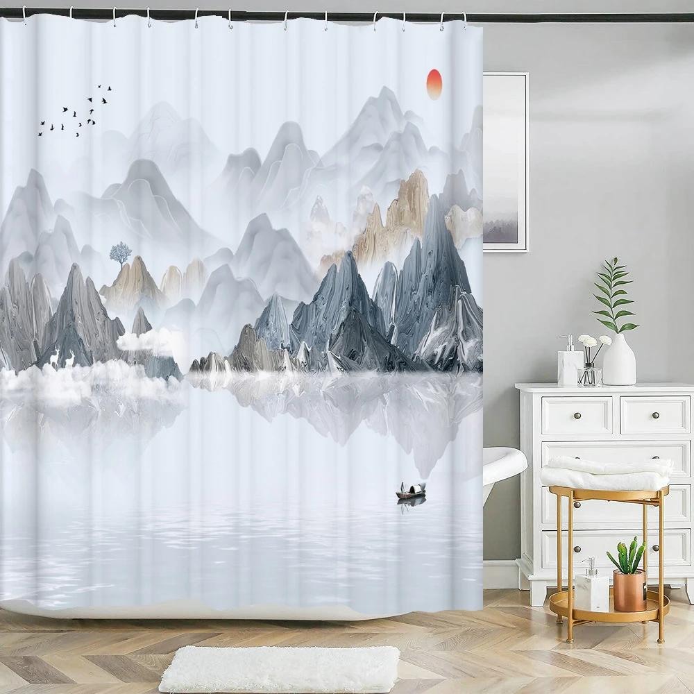 3d Printing Chinese Flower Bird Ink Landscape Shower Curtain Bathroom Waterproof Bath Curtain With Hooks Washable Cloth Decor