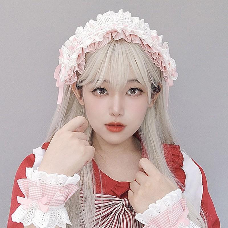 Handmade Lolita Hair Accessory Set With Ribbon Bow Lace Headband Wrist Cuff Cosplay Anime Convention