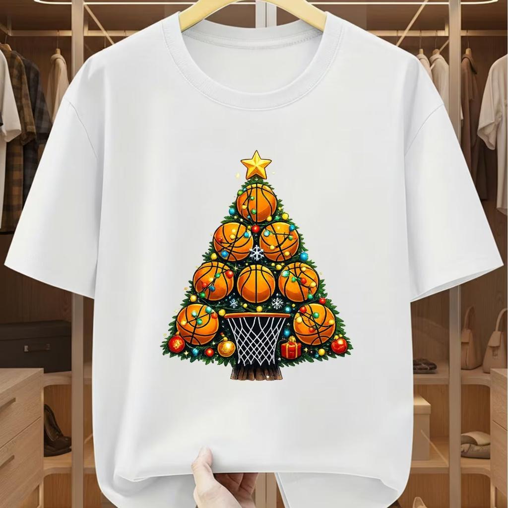 Basketball Christmas Tree Print Short Sleeve Cotton T-Shirt
