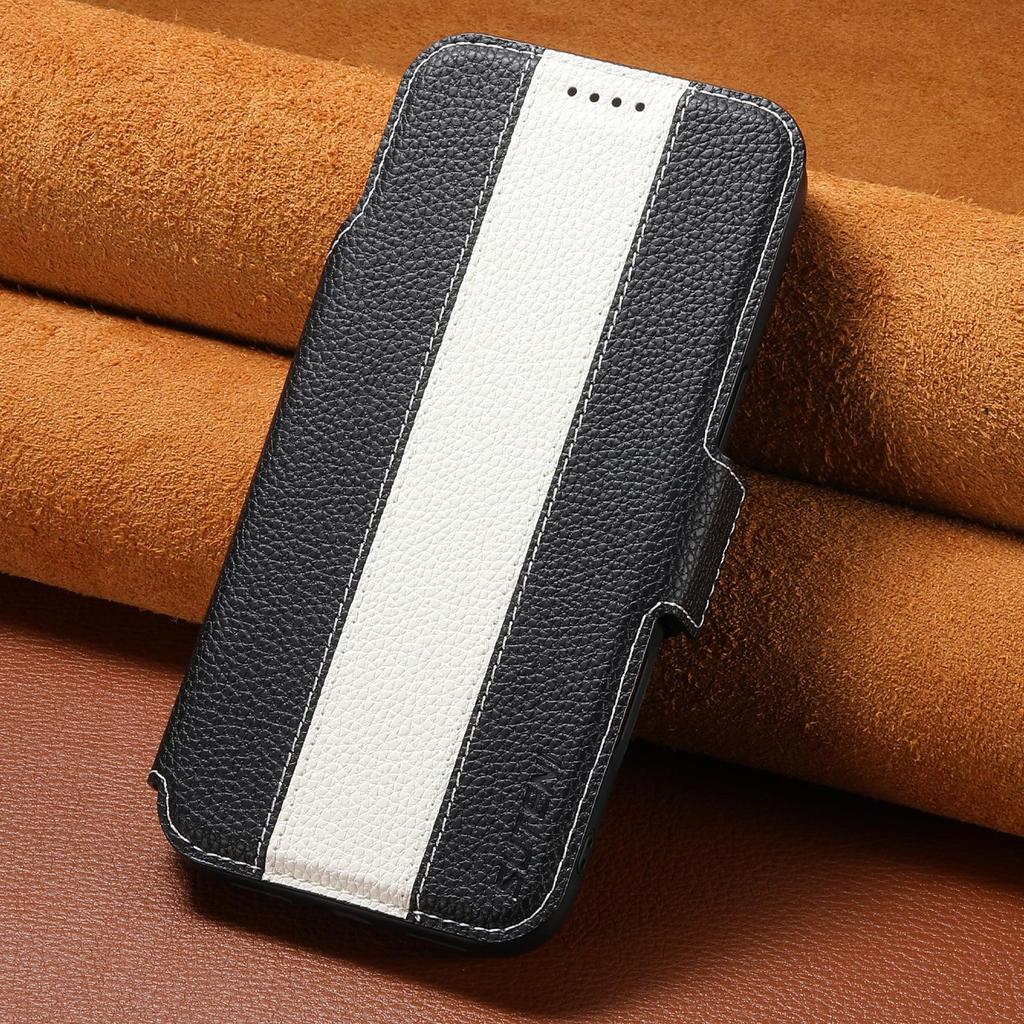 Чехол-книжка для iPhone 17: Слот для карт, Магнитная застежка, Подставка для беспроводной зарядки, Кошелек с цветными блоками, Кожа