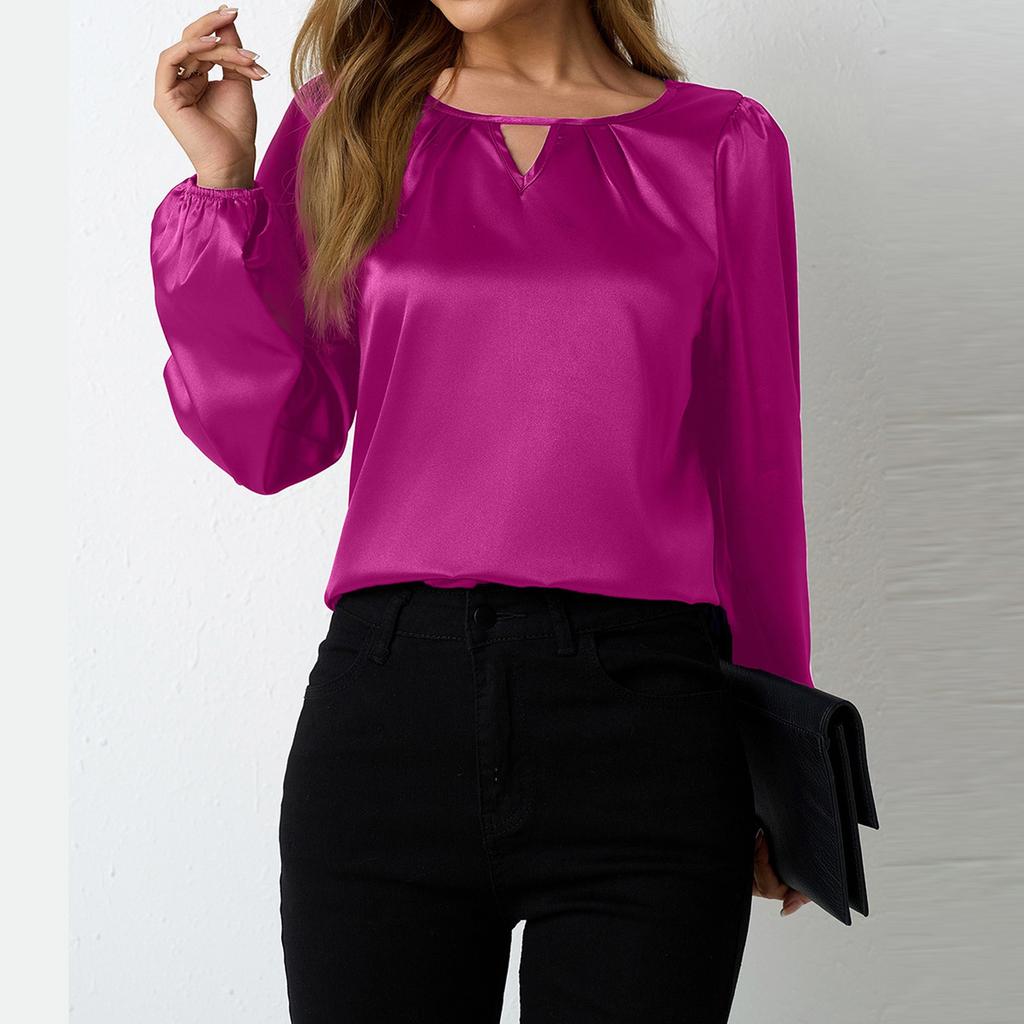 Women's Long Sleeve Shirt Loose Satin Top Embossed Lace R-neck Silk Lined Top