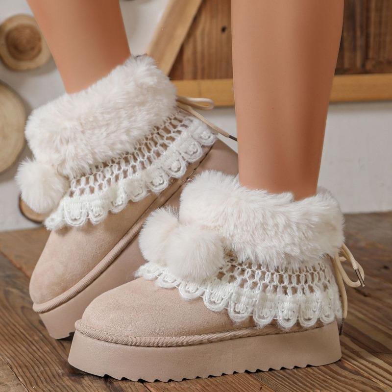Women's Size Fleece Thickened Winter Fluffy Warm Cotton Shoes Thickened Fleece Thick-soled Snow Boots Lace