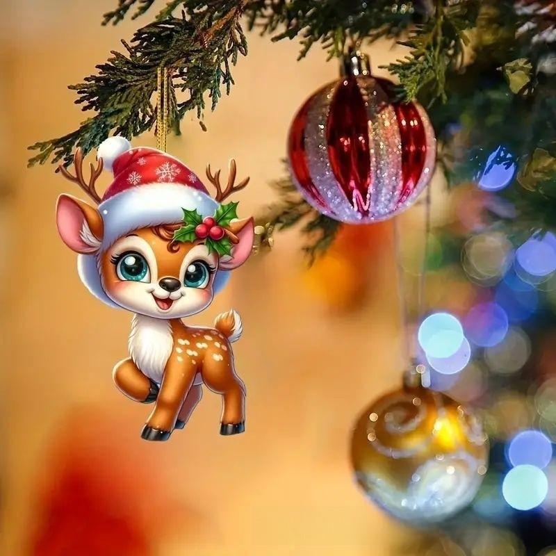 Acrylic Christmas Car Ornament With Deer Tree Motif Rearview Decoration Mirror