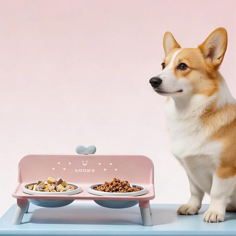 Anti-slip Pet High-foot Bowl Love-heart Double Bowl Cat Feeder Bowl  for Puppy and Cat