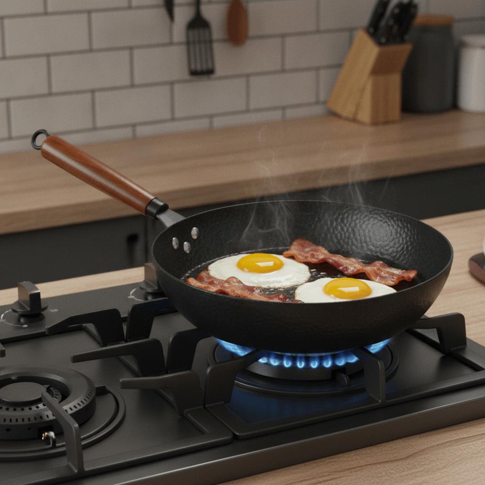 Non-stick Hammered Iron Wok Wooden Handle Cooking Pot Kitchen Cookware Hammered Frying Pan Steak