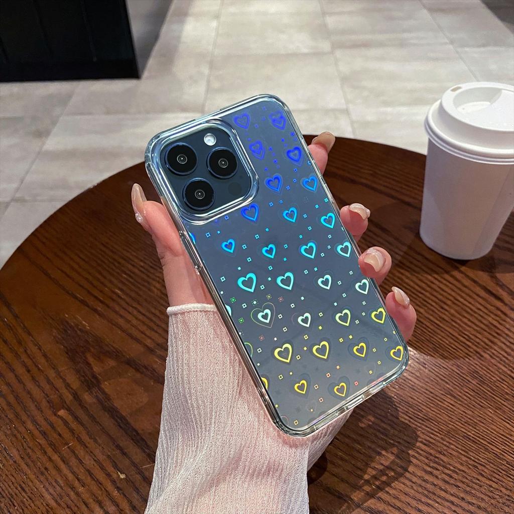 Подходит для акрилового чехла для телефона IPhone16, Apple 15Pro Laser Heart 14 Прозрачный противоударный защитный чехол в Instagram