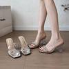 Transparent Rhinestone High Heels Women's 2025 New Thick Heel Wear Versatile Sexy Temperament Not Tired Feet Open Toe Cool Slippers
