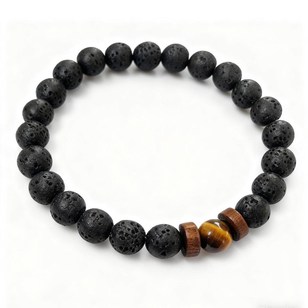 Браслет из черного лавового камня и деревянных бусин
