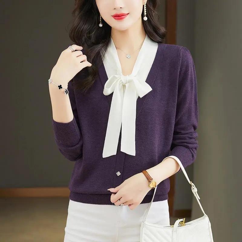 Женский вязаный свитер с V-образным вырезом, весна и лето, новый иностранный стиль, красивый свитер, тонкий осенний свитер с бантом, нижняя часть рубашки