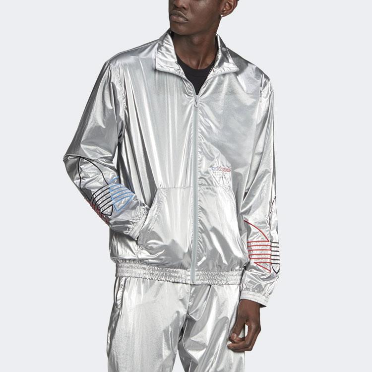 Adidas Блестящая спортивная куртка с вышитым логотипом Originals и воротником-стойкой, мужская верхняя одежда, серебристый GN4208