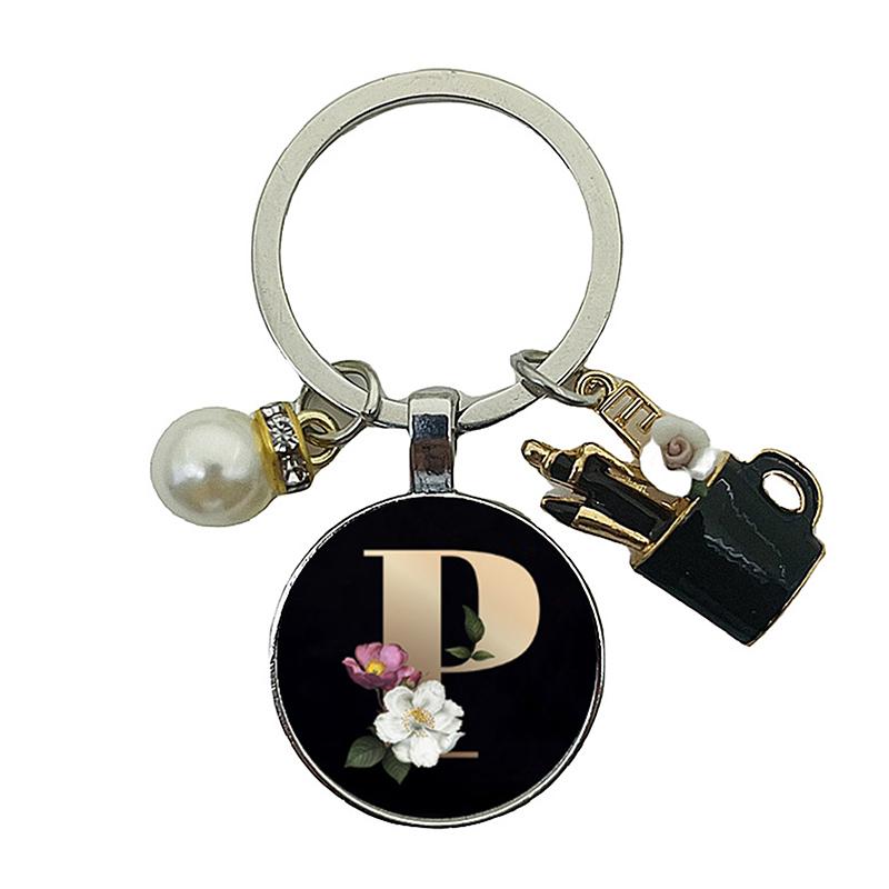 A-Z Letters Elegant Imitation Pearl Key Chain Charm Enamel 26 Letters Key Ring