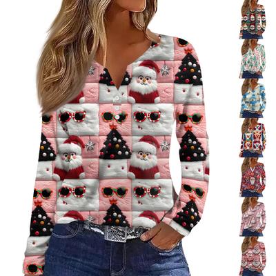 Женская модная повседневная футболка с V-образным вырезом, на пуговицах, с длинным рукавом, с рождественским принтом