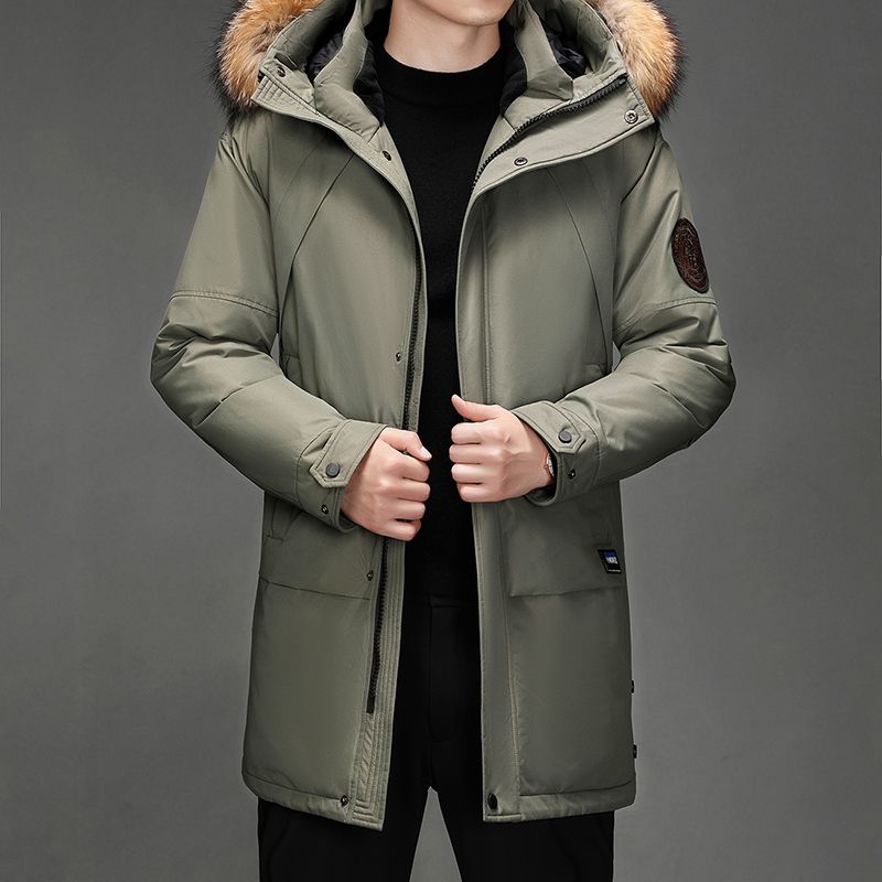 Winter Men's Fur Collar Mid Length Down Jacket Casual Thick Hooded Fashionable and Warm Long Jacket