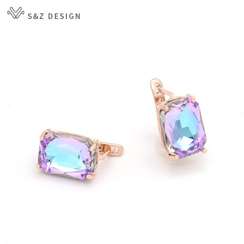 Fashion Colorful Rectangular Crystal Drop Earrings For Women Wedding Jewelry Rose Gold Color Eardrop