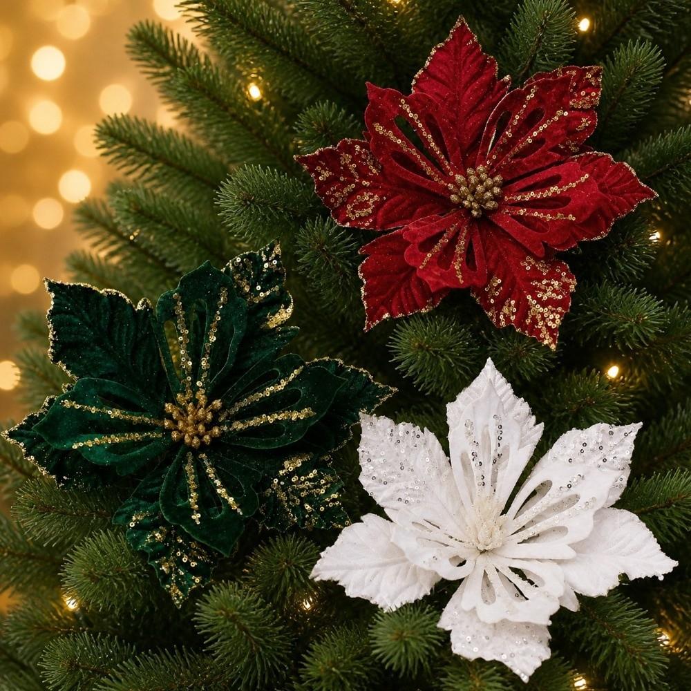 27cm Fake Flower Fabric Plastic Xmas Tree Decorations New Glitter Poinsettia  Xmas