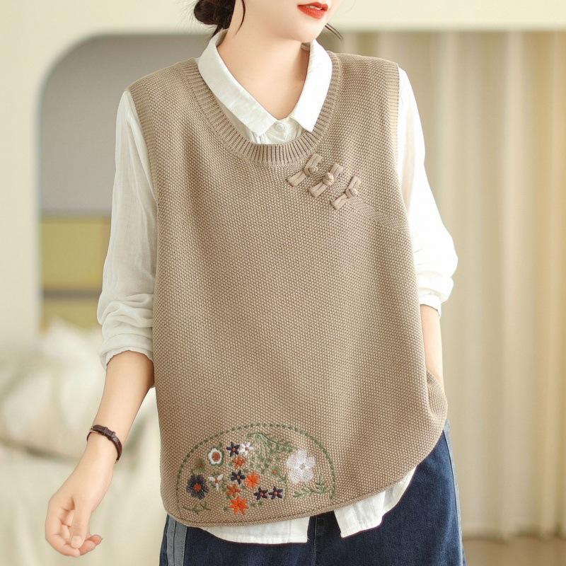 Женский вязаный жилет с культурной застежкой-пуговицей и вышивкой, новинка весны и осени, свитер-жилет с круглым вырезом
