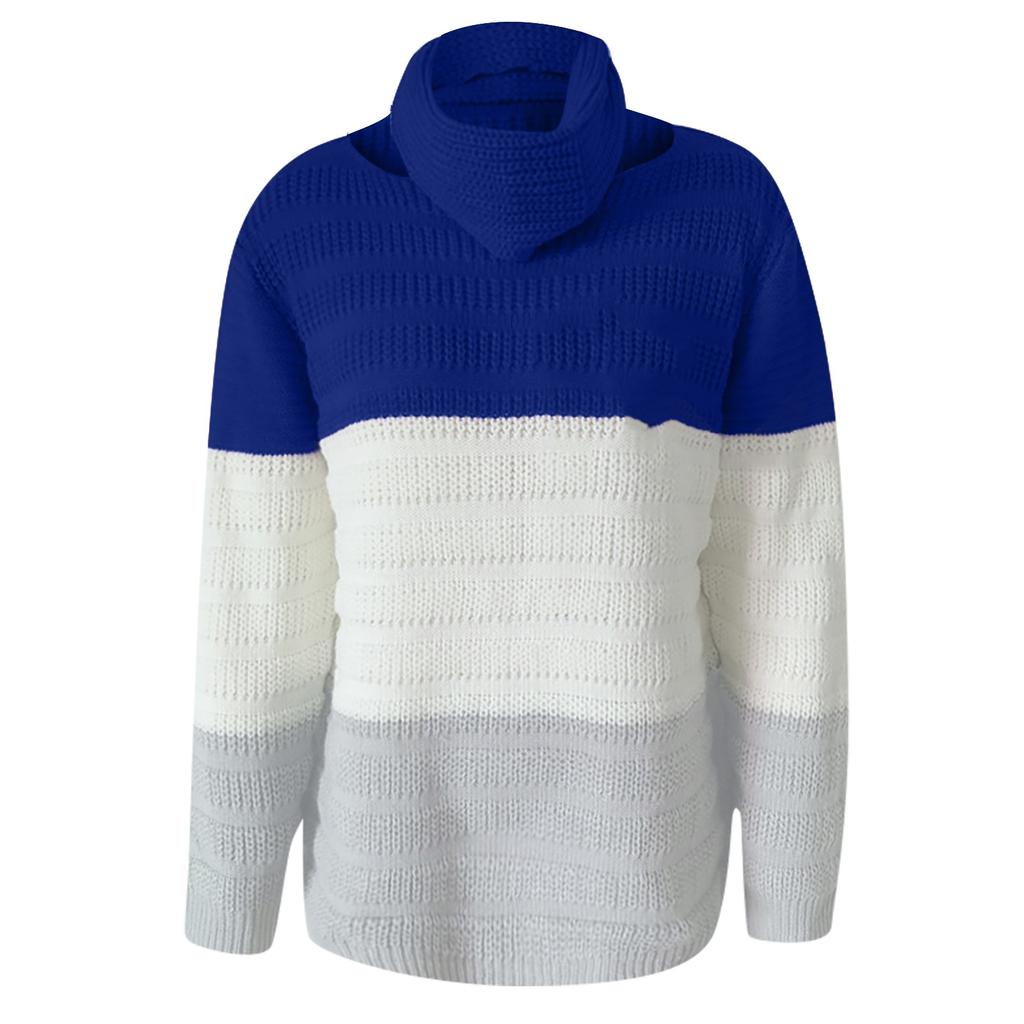 Ladies Casual Loose Round Neck Bib Color-blocking Long-sleeved Knitted Sweater