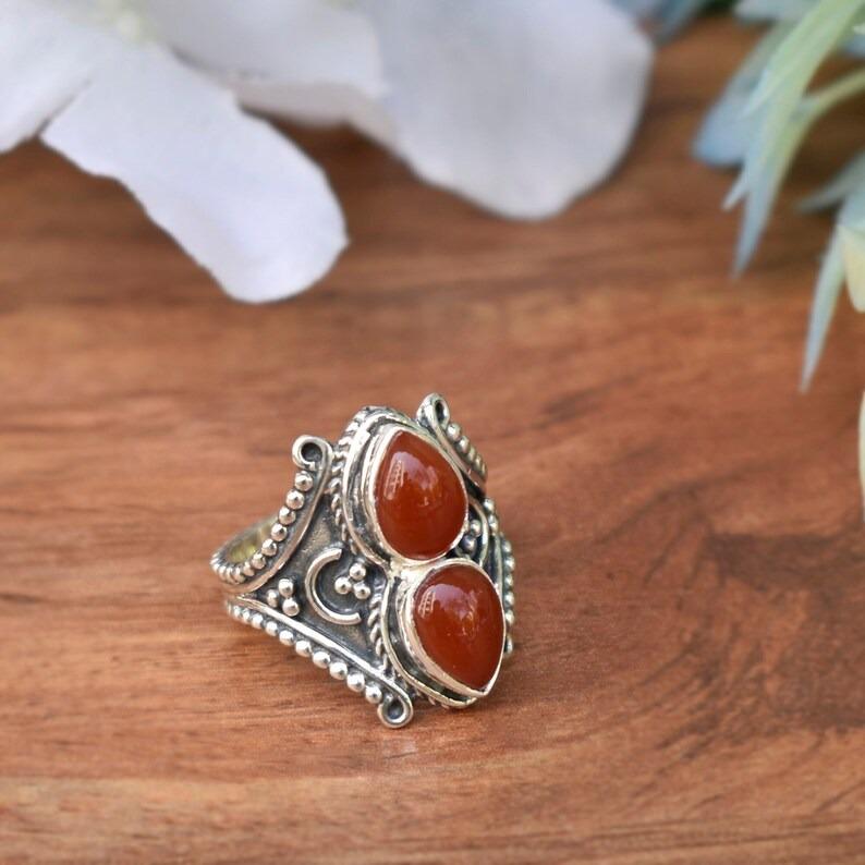 Solid 925 Sterling Silver Carnelian Gemstone Boho Designer Birthstone Gift Handmade Ring Jewelry Statement Ring