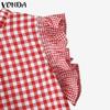 VONDA Summer Women Ruffled Sleeveless Plaid Check Print Casual Tank Tops