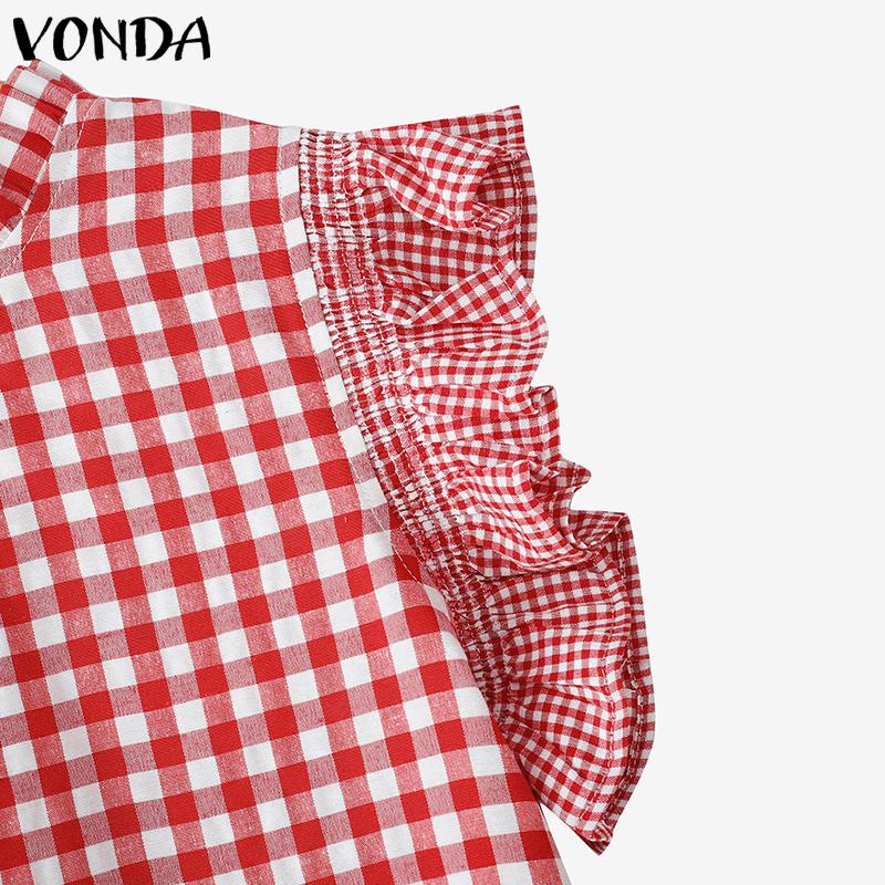 VONDA Summer Women Ruffled Sleeveless Plaid Check Print Casual Tank Tops