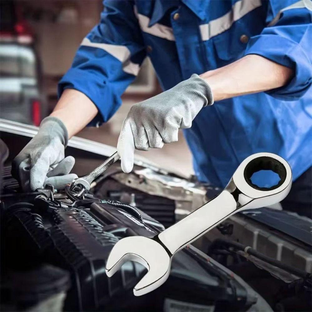 CR-V Steel Stubby Ratcheting Combination Wrench 8mm-17mm Ratcheting Spanner  Auto Repair