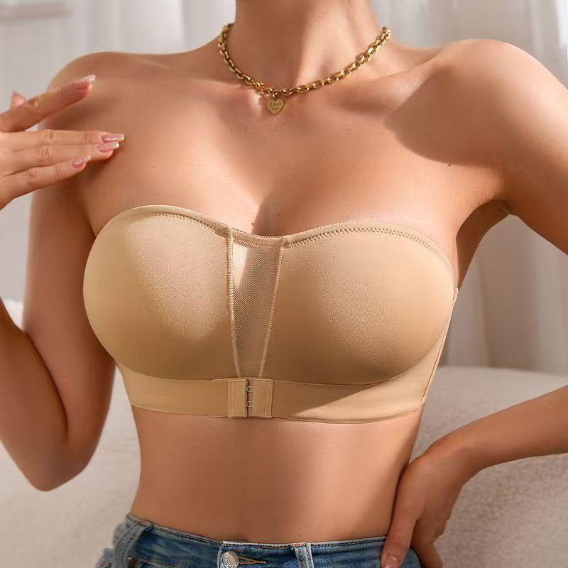 Мягкие бюстгальтеры без подкладки для женщин, бюстгальтер без бретелек, бесшовный бюстгальтер без косточек, пуговицы спереди, сетчатая строчка, топ-труба