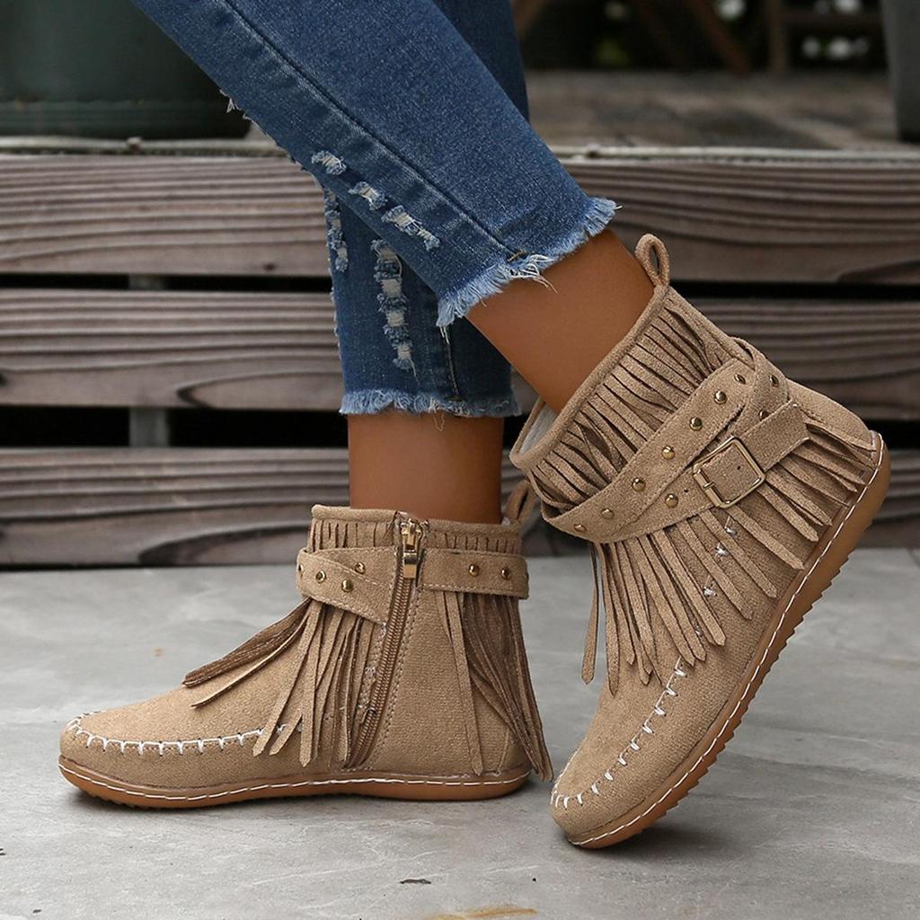 2024 Autumn/Winter Flat Fringe Ankle Boots with Buckle - European & American Style Retro Martin Knight Boots