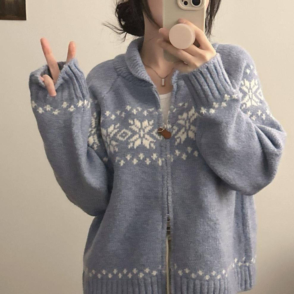 Autumn Winter Retro Contrasting Zipper Jacquard Casual Loose Long-sleeve Knitted Sweater Jacket Women Y2k Cardigan Sweaters Coat