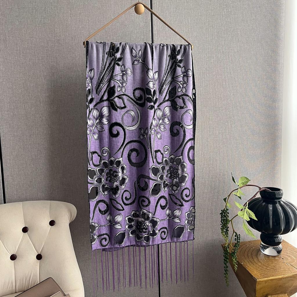 Этнический стиль кружевной шелковый шарф женский тренд мода бахрома вышивка тренд тонкий шарф шаль