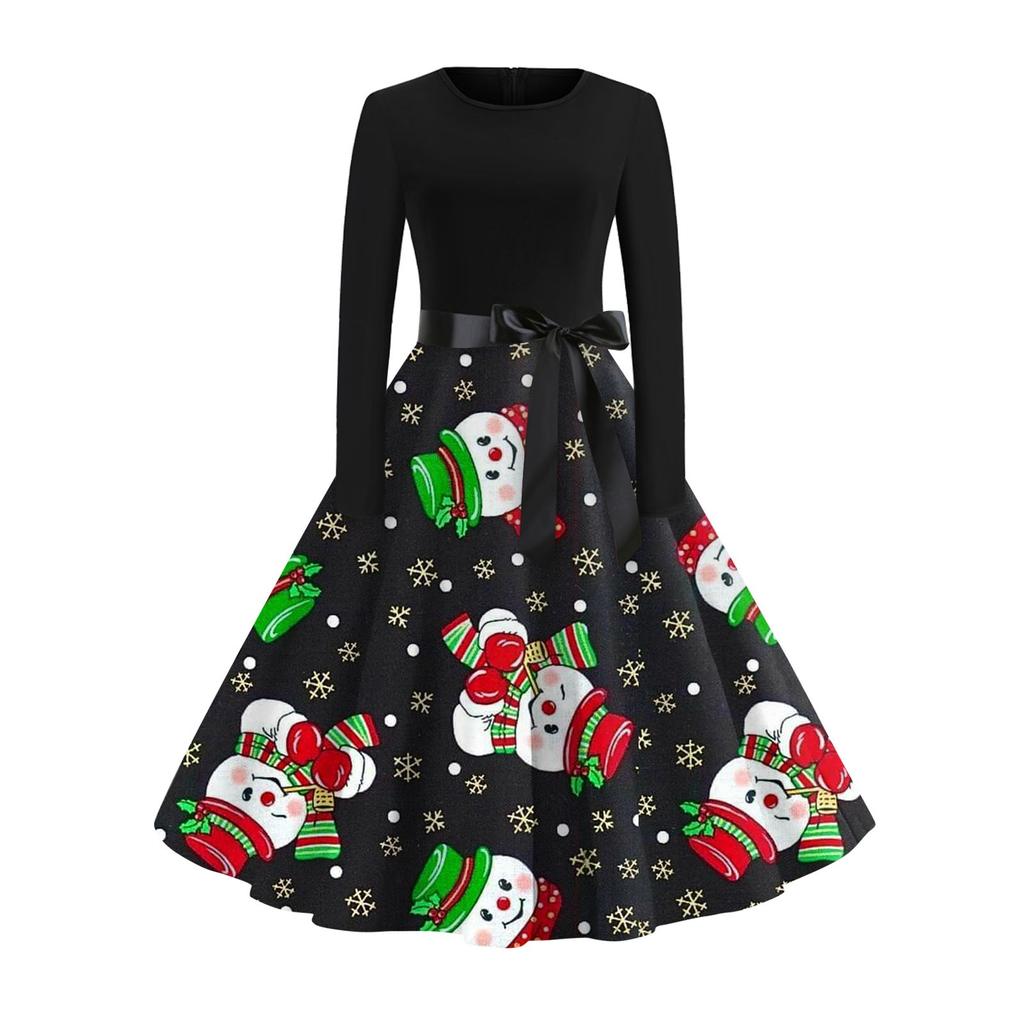 Рождественский принт расклешенное платье для женщин платье с длинным рукавом полые вечерние повседневные платья
