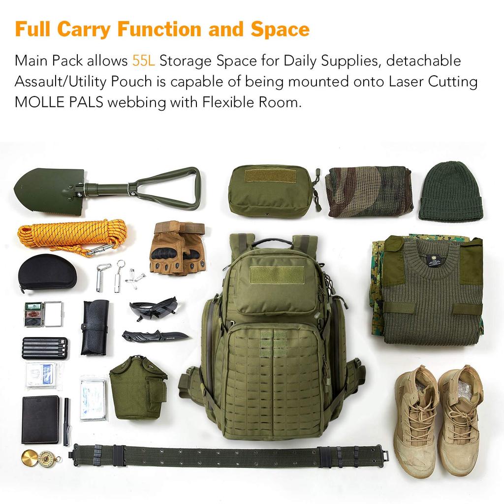 Backpack Rucksack Large Capacity 55L Military Outdoor Survival Camping Climbing [MT] (Olive Drab)