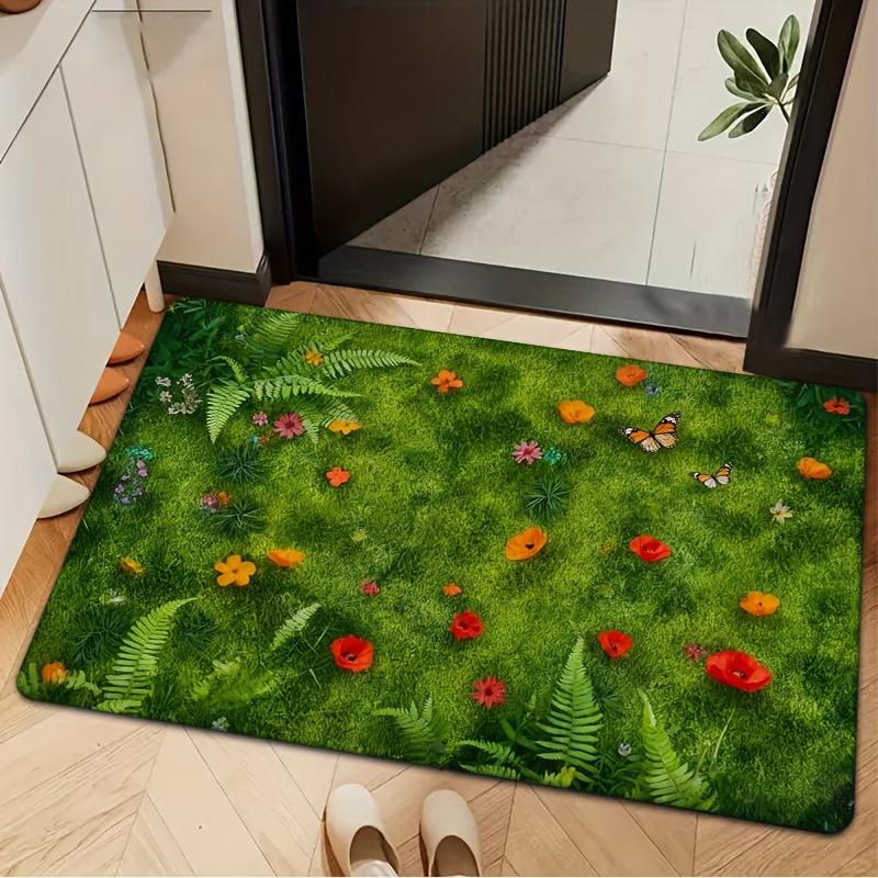 1pc 2D Flat, Springtime Lawn Floral Printed Carpet, Indoor Outdoor Anti-Slip Doormat, Bathroom Standing Cushion, Suitable for Kitchen, Bedroom, Bathro