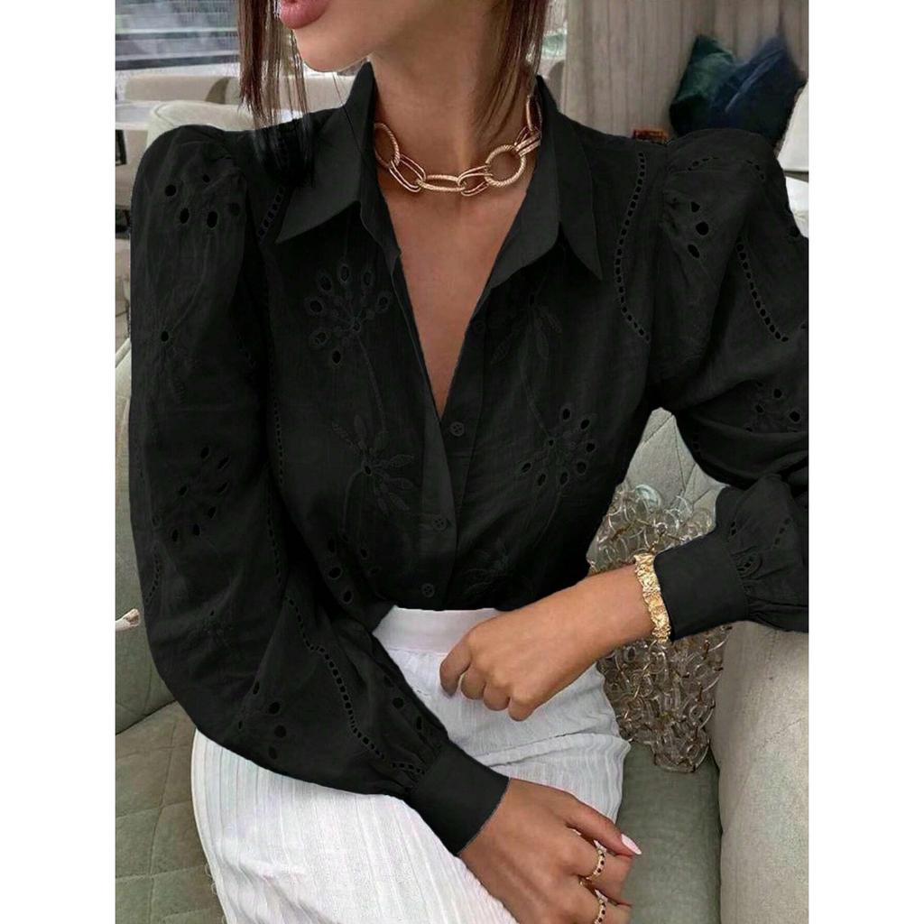 GMXIA Осенне-зимняя однобортная однотонная рубашка с вышитыми петлями и длинными рукавами с лацканами для женщин