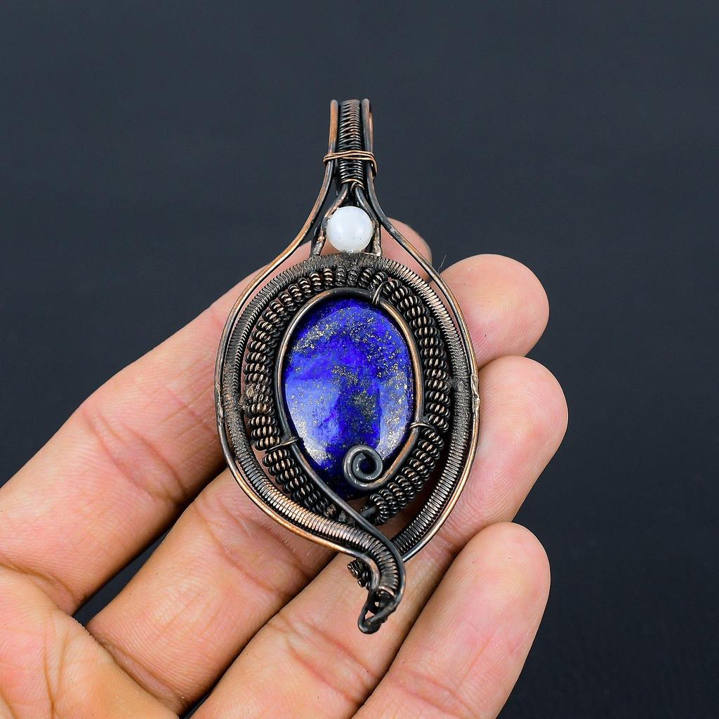 Beautiful Lapis Lazuli, Moonstone Gemstone Pure Copper Wire Wrapped Designer Handmade Pendant Jewelry Gift
