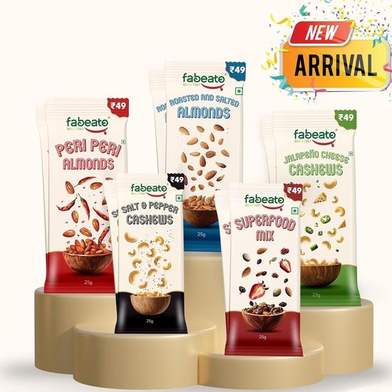 Fabeato Munch On Go Mix Combo — суперфуд-смесь, миндаль Peri Peri, жареный — в каждом пакетике 2 шт.(25g) - Упаковка из 10 штук - Полезные закуски