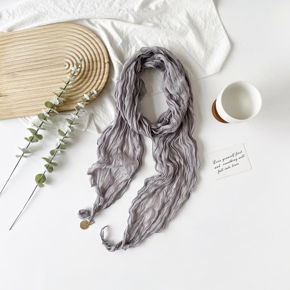 New crumpled moire yarn silk scarf spring and summer solid color metal decoration French elegant sunscreen scarf wholesale