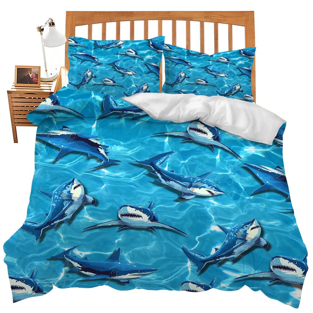 Teens Shark Duvet Cover Ocean Life Pattern Bedding Set for Kids Boys Girls Adult Dolphin Whale Comforter Cover Twin Queen Size