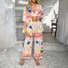 Women's Casual Vacation Bohemian Geometric Contrast Cardigan Short-sleeved Wide-leg Pants Suit