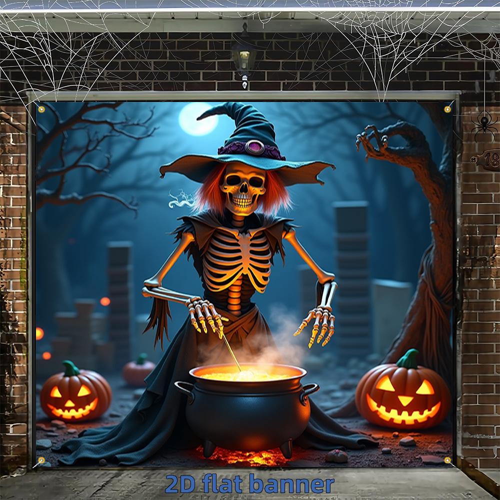 2D flat banner, 1pc Halloween Happy Garage Door Banner, Skeleton Witch Boiling Magic Soupzyc