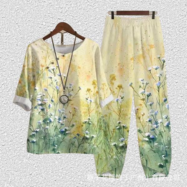 Europe beautiful women casual suit popular fashion summer new five-quarter sleeve printed top pants two-piece set