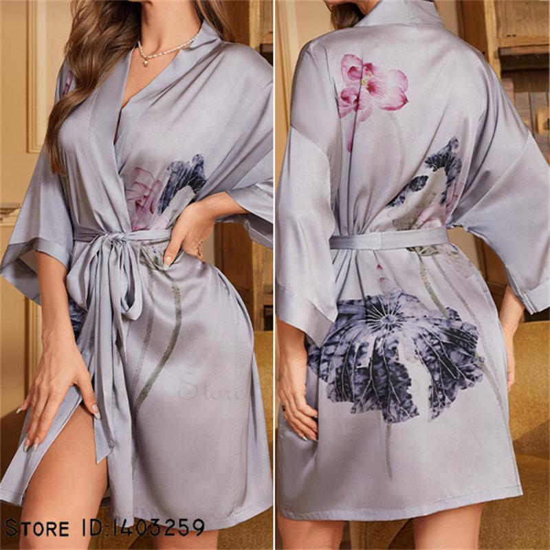 Плюс размер сексуальный женский халат пижамы шелковистый атласный кимоно халат платье юката китайский стиль принт филиал ночная рубашка повседневная домашняя одежда