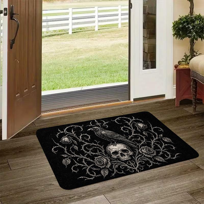 1pc, 2D Flat Printing, Gothic Skull Raven Rose Pattern Mat, Multicolor Non-Slip, Machine Washable Polyester Carpet, Suitable for Home Decor, Entrance,