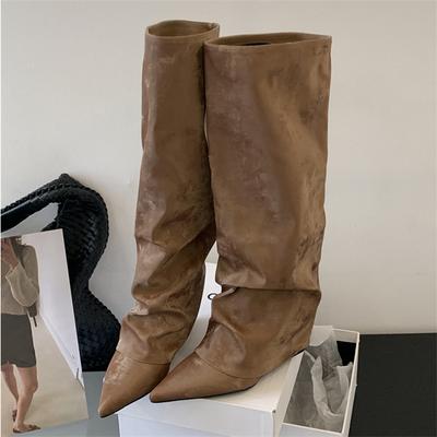 Мода 2025 Новый Осенне-Зимний Дизайн Плиссированные Клиновидные Каблуки Женские Сапоги до Колена Остроносые Длинные Ботильоны Модная Женская Обувь