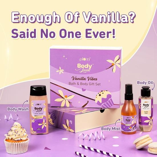 Plum Подарочный набор для ванны и тела BodyLovin' Vanilla Vibes | Гель для душа | Идеальный подарочный набор Rakhi для сестер и женщин | Премиальный подарок | Упаковка из 3 шт.