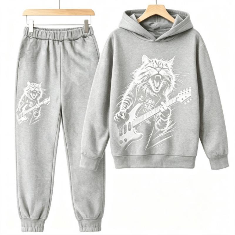 Fashion Rock Cat Guitar Player Animal Cat Print Kids Pullovers Pants 2-piece Set Street Casual Fashion Hoodies Vintage Boy's Girl Clothes
